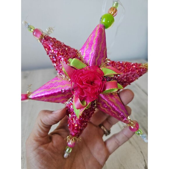 Sequin star beaded ribbon ornament pink Xmas tree green very unique well made - Picture 6 of 9
